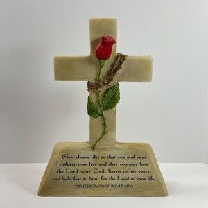 VTG UDC Cross w/ Red Rose and Crown of Thorns 8.5" Tall  Deuteronomy 30:19-20